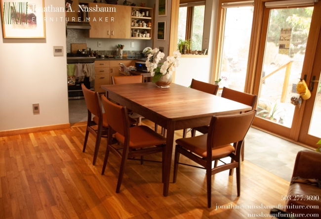 Western Walnut Finn Juhl inspired Extension Dining Table with self storing leaf and Six Western Walnut &amp; Leather 46 Dining Chairs