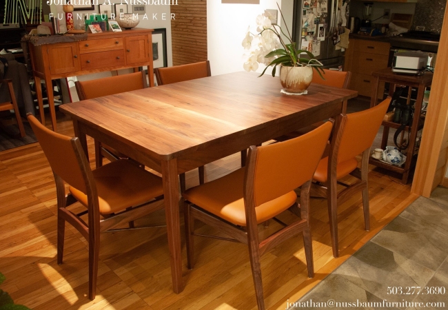 Western Walnut Finn Juhl inspired Extension Dining Table with self storing leaf and Six Western Walnut &amp; Leather 46 Dining Chairs