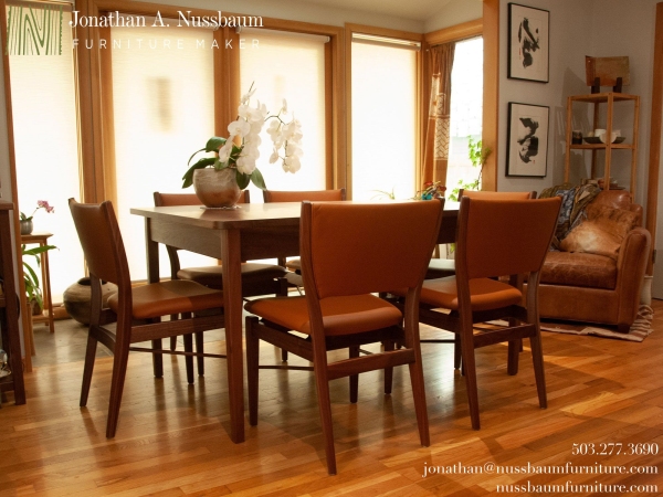 Western Walnut Finn Juhl inspired Extension Dining Table with self storing leaf and Six Western Walnut &amp; Leather 46 Dining Chairs